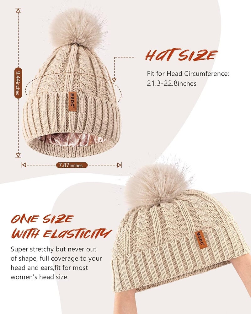 MSDC Satin Lined Beanie for Women with Pom Pom, Warm Womens Winter Hats with Silk Lined, Fashionable Knit Beanie Skull Cap - Image 3